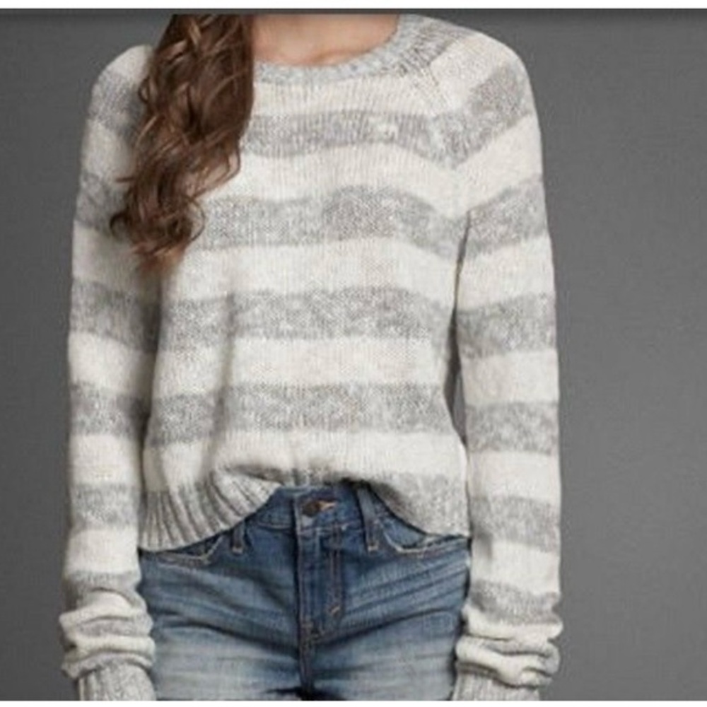 Abercrombie & Fitch Cotton Gray and Cream Striped Crew Neck Sweater